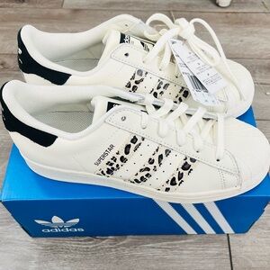 Adidas Superstar White and Black Leopard Print Shoes